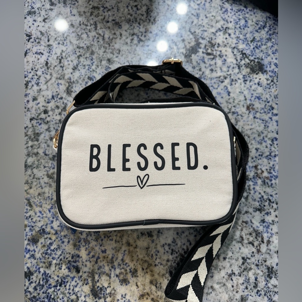Blessed Canvas Crossbody with black and white strap